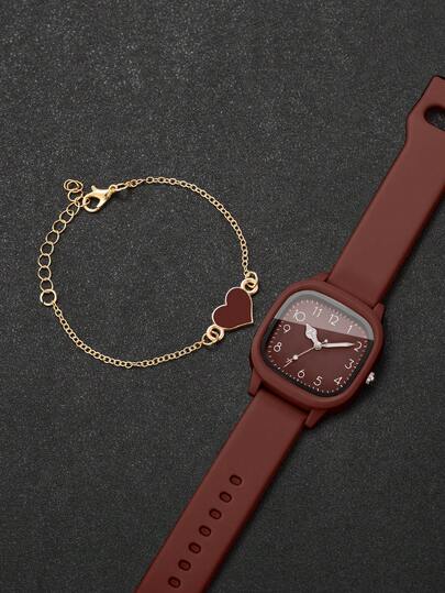 2 pièces/Set Montre en silicone pour femmes avec cadran carré & Montre-bracelet quartz élégante + Bracelet en forme de cœur, sans boîte de montre incluse