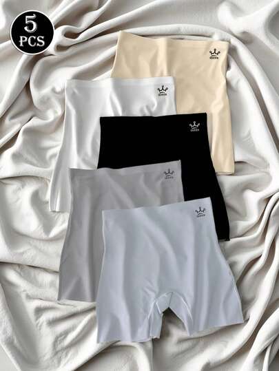 5 pièces/paquet Culottes sans couture à taille haute en soie de glace, confortables et douces pour la peau, avec imprimé, contrôle du ventre et levage des fesses pour femmes