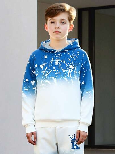 Ensemble 2 pièces pour pré-adolescents printemps/automne/hiver, Sweat-shirt à capuche à manches longues et pantalon de jogging, design d'éclaboussures, tenue tricotée décontractée et chaude