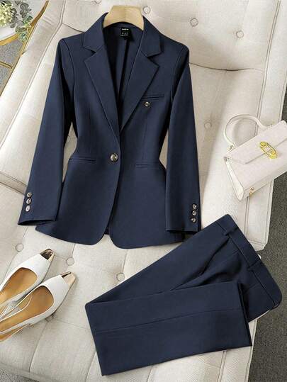 Franclia Ensemble veste et pantalon élégant et décontracté pour le bureau et les déplacements, couleur unie, bleu marine, pour la Fête des enseignants, été