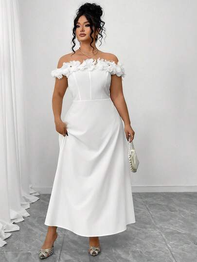 Elenzga Robe blanche élégante à la française, style floral 3D, épaules dénudées, coupe évasée, tailles plus. Convient pour les rendez-vous, sorties, vacances, jardins, rassemblements familiaux, Fête du Travail, banquets, fêtes, mariages, jours fériés, Fêt