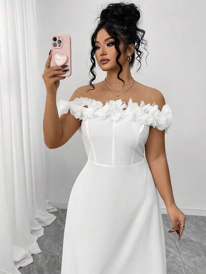 Elenzga Robe blanche élégante à la française, style floral 3D, épaules dénudées, coupe évasée, tailles plus. Convient pour les rendez-vous, sorties, vacances, jardins, rassemblements familiaux, Fête du Travail, banquets, fêtes, mariages, jours fériés, Fêt