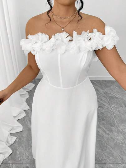 Elenzga Robe blanche élégante à la française, style floral 3D, épaules dénudées, coupe évasée, tailles plus. Convient pour les rendez-vous, sorties, vacances, jardins, rassemblements familiaux, Fête du Travail, banquets, fêtes, mariages, jours fériés, Fêt