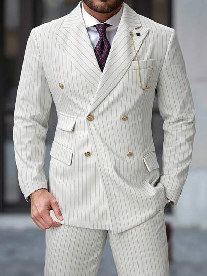 Manfinity Mode Ensemble de costume décontracté minimaliste à manches longues pour hommes, imprimé lignes, blazer et pantalon, beige, double boutonnage, costume d'été à rayures fines crème, formel, cérémonie