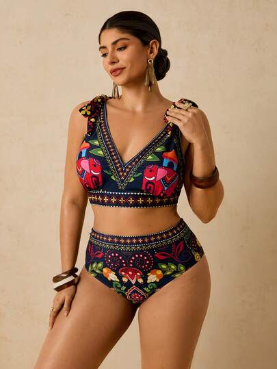 Travachic Ensemble de bikini à col ras-du-cou imprimé tropical grande taille, maillot de bain de style bohème pour vacances à la plage