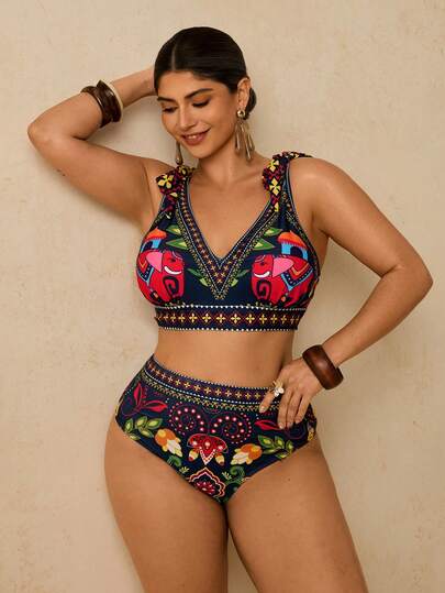 Travachic Ensemble de bikini à col ras-du-cou imprimé tropical grande taille, maillot de bain de style bohème pour vacances à la plage