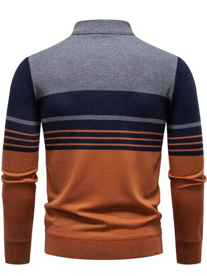 Polo à demi-zip rayé pour hommes, pull à demi-zip décontracté à manches longues, lâche, patchwork, quotidien, tricot fin, couleur contrastée, mode minimaliste