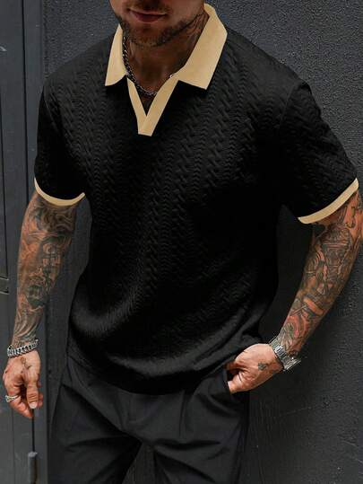 Manfinity Homme Chemise polo tricotée à manches courtes avec couleurs contrastées pour hommes, chemise décontractée d'été noire pour streetwear, city break et trajets quotidiens, style Old Money pour activités de plein air et occasions formelles