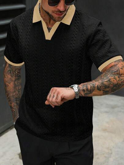 Manfinity Homme Chemise polo tricotée à manches courtes avec couleurs contrastées pour hommes, chemise décontractée d'été noire pour streetwear, city break et trajets quotidiens, style Old Money pour activités de plein air et occasions formelles