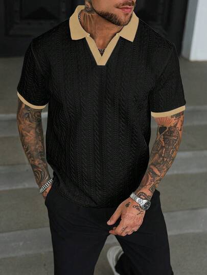 Manfinity Homme Chemise polo tricotée à manches courtes avec couleurs contrastées pour hommes, chemise décontractée d'été noire pour streetwear, city break et trajets quotidiens, style Old Money pour activités de plein air et occasions formelles
