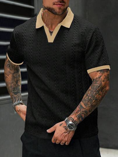 Manfinity Homme Chemise polo tricotée à manches courtes avec couleurs contrastées pour hommes, chemise décontractée d'été noire pour streetwear, city break et trajets quotidiens, style Old Money pour activités de plein air et occasions formelles