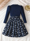 Sparklyn 1 pièce Robe rouge à manches longues pour filles, patchwork floral bleu marine, tricot, matériau côtelé élégant, manches bouffantes, décoration nœud, printemps et été, école, rentrée scolaire