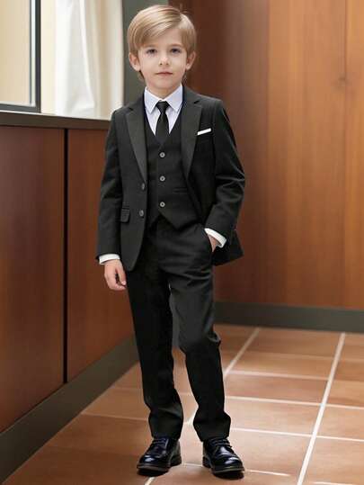 5 pièces Ensemble costume pour garçons, tenue de cérémonie pour tout-petits, tenue de garçon d'honneur, veste de costume de mariage, gilet, pantalon, chemise, cravate, costume formel pour jeune garçon, noir, taille 3-10 ans
