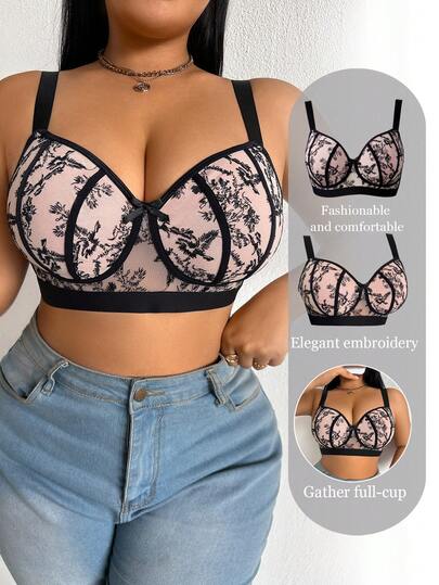 DesireSculpt 1 pièce Soutien-gorge sans fil élégant et brodé grande taille