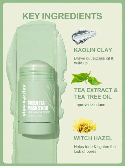 Bâton de masque au thé vert Slow Sunday, avec thé vert & huile d'arbre à thé, apaise, contrôle le sébum et nettoie en profondeur. Débouche les pores, portable et sans dégâts, illumine le teint, convient pour l'été & l'automne, Halloween
