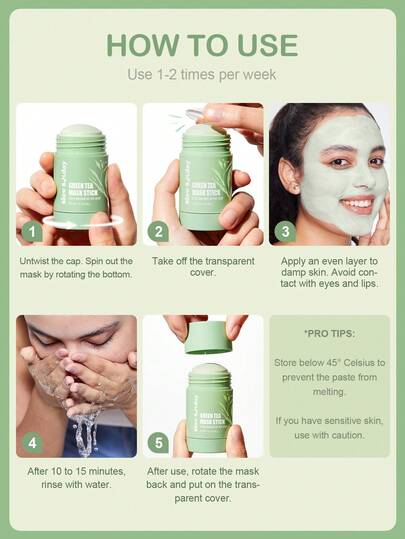 Bâton de masque au thé vert Slow Sunday, avec thé vert & huile d'arbre à thé, apaise, contrôle le sébum et nettoie en profondeur. Débouche les pores, portable et sans dégâts, illumine le teint, convient pour l'été & l'automne, Halloween