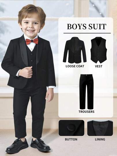 3 pièces Ensemble de costume classique haut de gamme pour jeunes garçons : veste + gilet + pantalon, convient pour les représentations sur scène, la tenue de page de mariage, les vêtements de cérémonie pour enfants