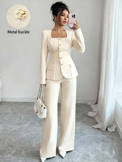 Elenzga 2 pièces Ensemble de chemise à col trapèze avec boutons métalliques + pantalon droit pour femmes, blanc doré, automne hiver, élégant, bureau, trajet, business décontracté, streetwear
