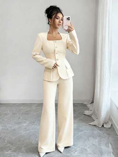 Elenzga 2 pièces Ensemble de chemise à col trapèze avec boutons métalliques + pantalon droit pour femmes, blanc doré, automne hiver, élégant, bureau, trajet, business décontracté, streetwear