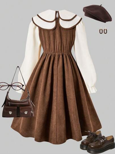 Robe midi plissée à manches longues et col Claudine, ornée de boutons nacrés, style scolaire mignon et élégant, collection automne/hiver.