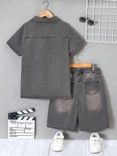 2 pièces Ensemble chemise à manches courtes en denim et short pour garçons préadolescents