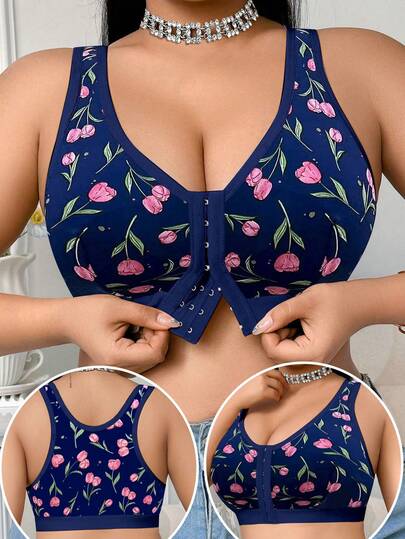 Soutien-gorge sans fil imprimé à fermeture frontale,grande tailles confortable