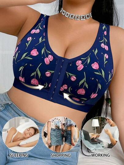 Soutien-gorge sans fil imprimé à fermeture frontale,grande tailles confortable