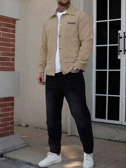 Manfinity Homme Veste à manches longues de couleur unie pour hommes, élégante pour l'été, en velours côtelé, automne/hiver