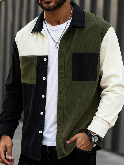 Chemise d'été pour homme en velours côtelé, design patchwork multicolore contrasté, style décontracté minimaliste, streetwear pour le trajet, nouvelle collection à manches longues