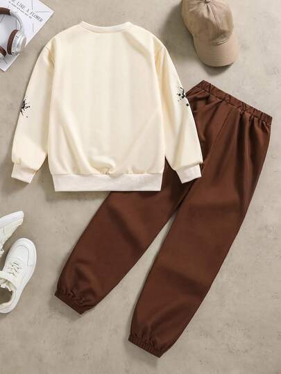 Coolqubz Ensemble 2 pièces sweat-shirt à capuche blanc à la mode et pantalon vert olive, tenue élégante pour préadolescent. Ce sweat-shirt à capuche présente un imprimé vert, un tissu doux et confortable, idéal pour le printemps/l'automne, idéal pour l'éc