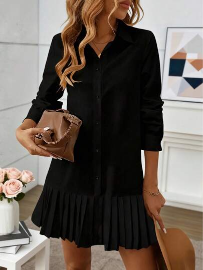 Robe chemise pour femmes de couleur unie élégante, col montant plissé, fermeture par boutons devant, fente latérale, noire, printemps