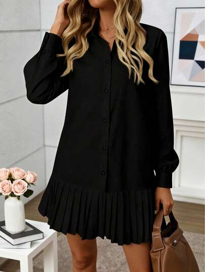 Robe chemise pour femmes de couleur unie élégante, col montant plissé, fermeture par boutons devant, fente latérale, noire, printemps