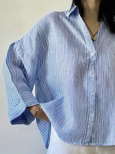 Chemise ample à manches longues à épaules tombantes, à rayures et à boutons-pression, style décontracté, pour le printemps