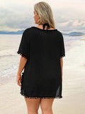 Swim Lushoire Femmes grande taille Couverture de couleur unie avec pompon col en V manches courtes Été 2026 Noël Nouvel An Fête Plage Décontracté