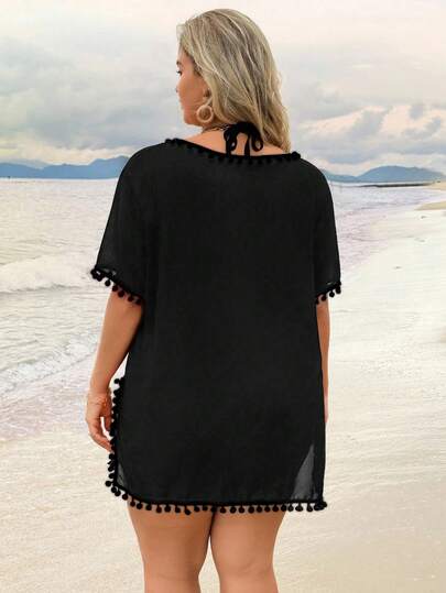 Swim Lushoire Femmes grande taille Couverture de couleur unie avec pompon col en V manches courtes Été 2026 Noël Nouvel An Fête Plage Décontracté
