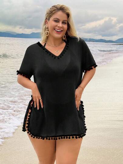 Swim Lushoire Femmes grande taille Couverture de couleur unie avec pompon col en V manches courtes Été 2026 Noël Nouvel An Fête Plage Décontracté
