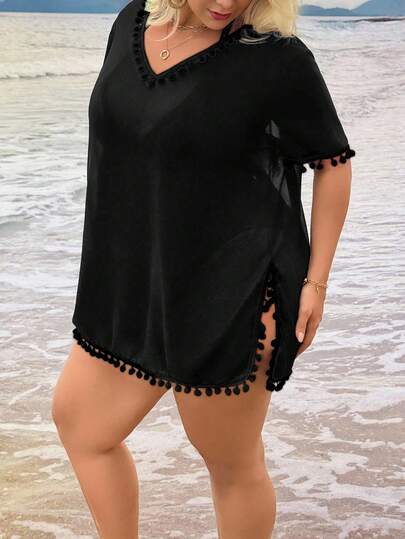 Swim Lushoire Femmes grande taille Couverture de couleur unie avec pompon col en V manches courtes Été 2026 Noël Nouvel An Fête Plage Décontracté