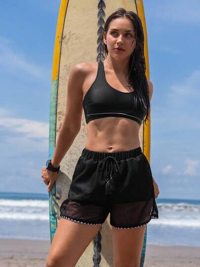 Swim SPRTY Short de plage noir en maille avec franges décorative, short ample et décontracté pour la plage et les stations balnéaires