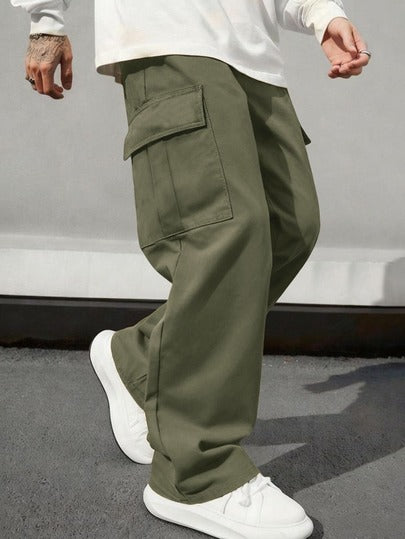 Pantalon cargo multipoches à jambe droite de couleur unie pour hommes grande taille, coupe ample, pantalon long décontracté pour l'extérieur, les trajets et les sports, printemps/automne