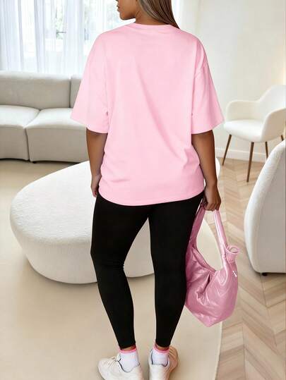 Maweii 2 pièces/Ensemble Top à manches courtes avec col rond et imprimé de lettre grande taille et pantalon long