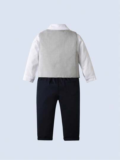 BOARNSEORL Ensemble de costume 3 pièces pour jeunes garçons, chemise blanche avec nœud papillon et gilet, pantalon long, style à la mode, convient pour les fêtes d'anniversaire, les sorties et les occasions formelles