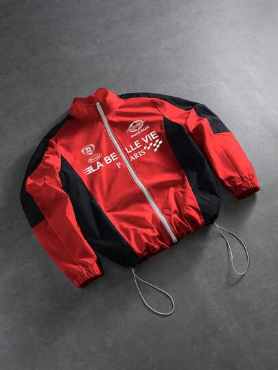PAVTROS Veste décontractée pour hommes avec patchwork de couleurs contrastées et imprimé lettres, football d'automne