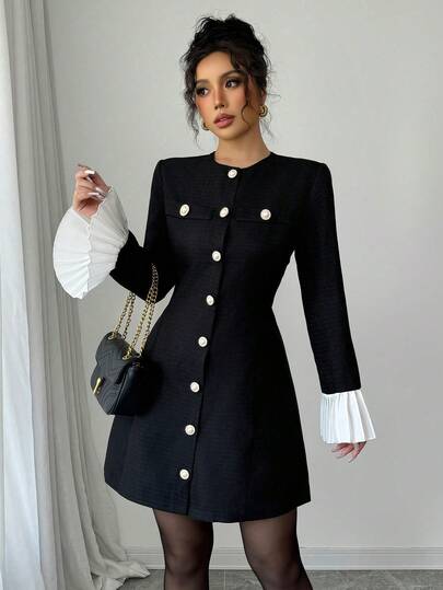 Elenzga Robe courte noire à ligne A, avec boutons métalliques décorés et volants aux manches, élégante