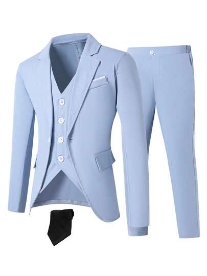 4 pièces Ensemble costume bleu pour garçons : veste à manches longues + gilet + cravate + pantalon, tenue de cérémonie décontractée convenant pour récital de piano/violon, remise de diplôme, mariage, anniversaire, soirée, représentation, réception, saison