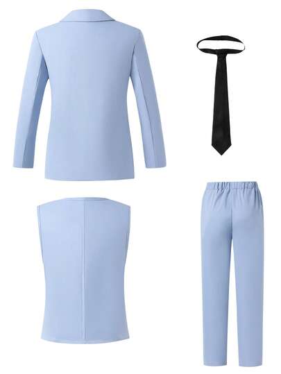 4 pièces Ensemble costume bleu pour garçons : veste à manches longues + gilet + cravate + pantalon, tenue de cérémonie décontractée convenant pour récital de piano/violon, remise de diplôme, mariage, anniversaire, soirée, représentation, réception, saison