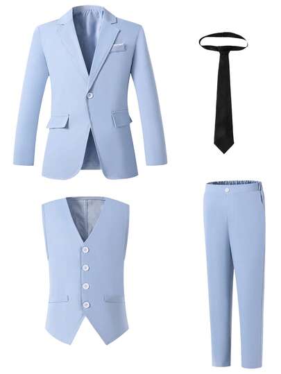 4 pièces Ensemble costume bleu pour garçons : veste à manches longues + gilet + cravate + pantalon, tenue de cérémonie décontractée convenant pour récital de piano/violon, remise de diplôme, mariage, anniversaire, soirée, représentation, réception, saison