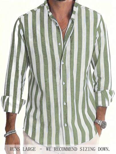 Chemise à rayures coupe slim pour hommes, chemise décontractée à manches longues avec col et boutons, polyvalente pour les rendez-vous, la plage, les vacances