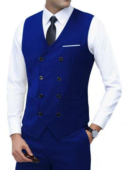 Ensemble costume 3 pièces slim fit stretch de couleur unie mode homme, comprenant un gilet croisé, un pantalon et une tenue de travail/de cérémonie