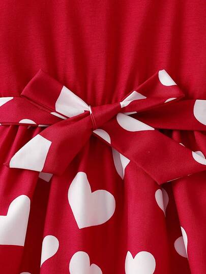 Robe mini pour filles préadolescentes, rouge et blanche, style été mignon et élégant, imprimé patchwork cœur, emmanchures à volants, ceinture, pour fête d'anniversaire, remise des diplômes, tenue automne