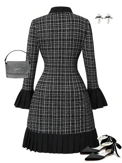 Robe courte pour filles avec col papillon, colorblock, design plissé, convient pour les filles en automne/hiver